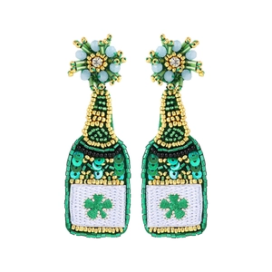 Green beaded champagne bottle earrings with lucky shamrock for Saint Patrick's Day party