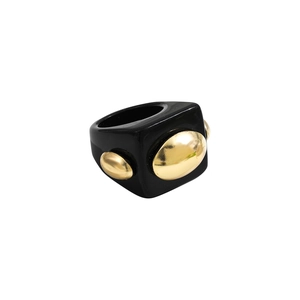 Chunky black resin ring with three gold beads in a Y2K aesthetic minimalist style