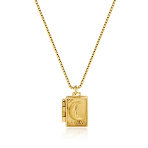 Vintage gold stainless steel book locket necklace featuring embossed La Luna tarot moon