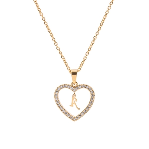 Golden heart necklace with zircon border and gothic letter A pendant on white background