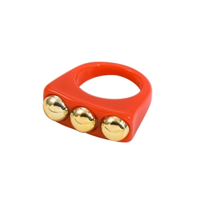 Y2K dopamine style bright red resin ring with three golden metallic spherical studs