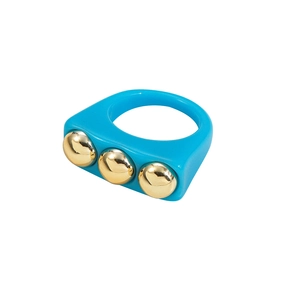 Y2K dopamine style blue resin ring featuring three decorative golden metal studs