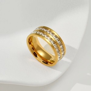 Elegant gold double-row square zircon ring with minimalist polished metal finish