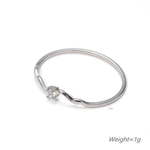 Minimalist single stone ring with wave band design, 1mm width, polished silver finish