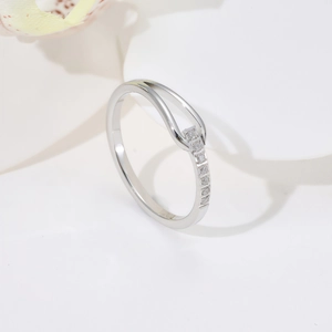 Minimalist silver geometric U-shaped ring with pavé crystals for elegant women
