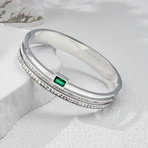 Silver titanium steel bracelet with rectangle emerald and double row diamonds for women