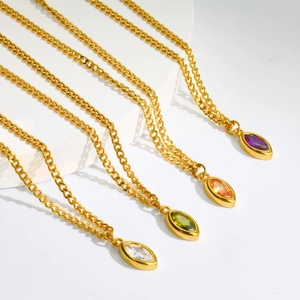 Titanium Steel Marquise Zircon Pendant Necklace Gold Plated Curb Chain Light Luxury Jewelry For Women Colorful Stone
