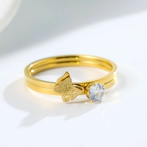 Anello farfalla in oro satinato con zircone, doppia fascia in acciaio al titanio da donna
