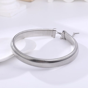 Gepolijste zilveren roestvrijstalen slangenketting choker ketting op een wit bord