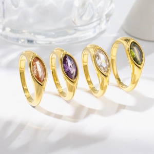 Bagues dorées élégantes avec cristal marquise en orange, violet, clair et vert