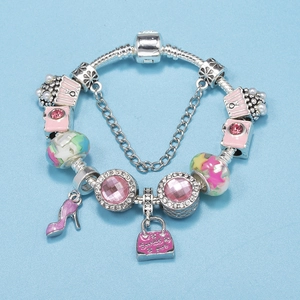 DIY charm bracelet with pink handbag and high heel pendants on silver metal chain