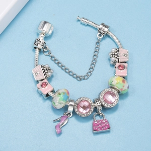 Silver charm bracelet with pink enamel charms, crystal beads and sweet love pendant