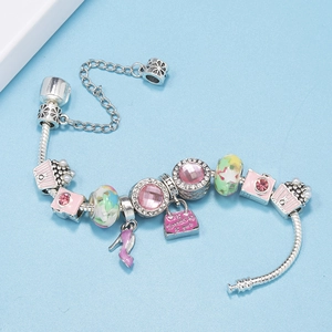 Pink handbag and high heels charms on silver snake chain bracelet for women