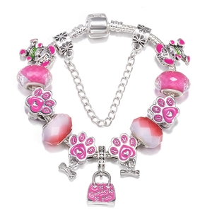 Pink charm bracelet with silver snake chain, cute mouse pendants and sweet girl handbag charm