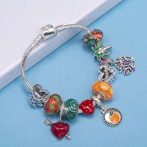 Silver snake chain bracelet with fruit charms and heart pendant with Love You Mom text