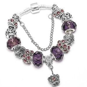 Vintage Alloy Charm Bracelet With Crown Pendant Faceted Glass Beads Rhinestones Snake Chain Safety Chain For Women Jewelry