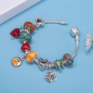 Charming beaded snake chain bracelet with fruit theme and silver love heart pendants
