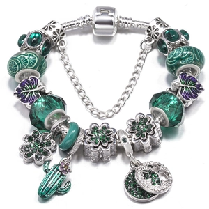 DIY Charm Bracelet For Women Silver Plated Alloy Green Crystal Beads Cactus Clover Leaf Heart Pendant Fashion Jewelry Gift