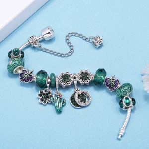S925 silver beaded charm bracelet with green crystals and cactus pendants in forest style