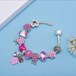 Bracelet DIY en argent avec cœur rose, empreinte LOVE et perles en verre pour femmes