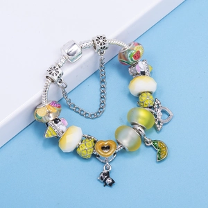 Colorful summer charm bracelet with panda and fruit pendants on silver snake chain