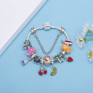 DIY colorful fruit charm bracelet with strawberry and lemon beads on silver snake chain