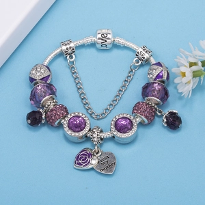Pandora style purple crystal beaded bracelet with rose charms on silver snake chain