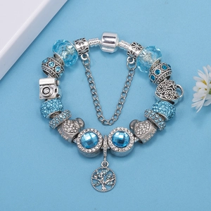 Pulsera de cadena de plata con cuentas azules y colgante de árbol de la vida