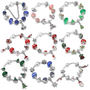 Christmas DIY Charm Bracelet For Women Santa Claus Snowflake Enamel Bead Snake Chain Rhinestone Festive Party Jewelry Gift
