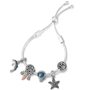 Adjustable silver snake chain bracelet with blue dolphin and starfish ocean charms