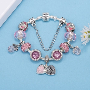 Charming purple crystal beaded charm bracelet with rose pendant and heart tag
