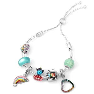 Adjustable silver snake chain bracelet with colorful enamel charms and MOM pendant