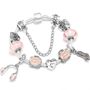 Mode Reisen Thema Charm Armband Rosa Glasperlen Koffer High Heels Herz Anhänger Legierung Schlangenkette Schmuck Für Damen