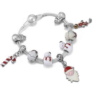 Detail of silver charm bracelet featuring Santa Claus, snowman and koi fish charms