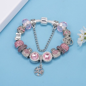 Pulsera de cadena de serpiente con cuentas de cristal rosa, árbol de la vida y dije de corazón