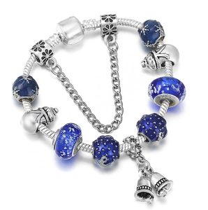 Winter snowman and bell charm bracelet with blue glass beads and silver snake chain