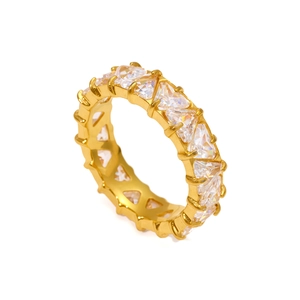 Elegant gold titanium steel eternity ring featuring triangular cut crystal stones