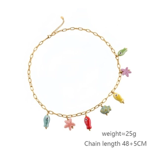 Golden link chain necklace with colorful starfish and fish pendants 48+5cm length