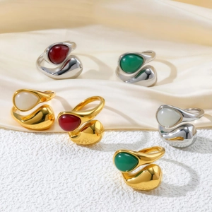 Fashion Stainless Steel Irregular Water Drop Open Ring Minimalist Rhinestone Inlaid Adjustable Finger Ring Party Jewelry