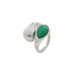 Minimalist irregular waterdrop open ring with polished silver and green teardrop stone