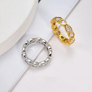 Minimalist stackable eternity rings in gold and silver plating with cubic zirconia