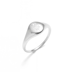 Minimalist silver sunflower signet ring with polished stainless steel oval flower engraving