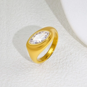 Minimalist gold-plated stainless steel wide ring with marquise-cut zircon gemstone