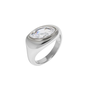 Polished titanium steel wide band ring featuring an inlaid oval cubic zirconia stone