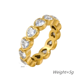 Detail of gold heart-shaped eternity ring with cubic zirconia stones, 5mm width