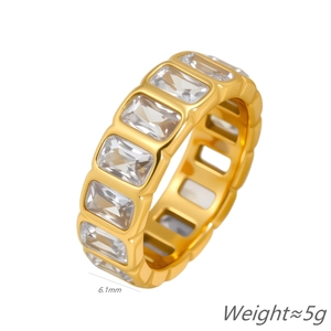 Detail shot of a 6.1mm wide gold-plated ring with a full circle of baguette zircon stones