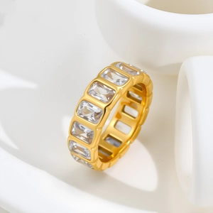 Macro shot of gold eternity ring featuring rectangular baguette-cut cubic zirconia stones