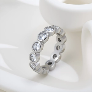 Detailed side view of silver eternity ring featuring round-cut sparkling cubic zirconia