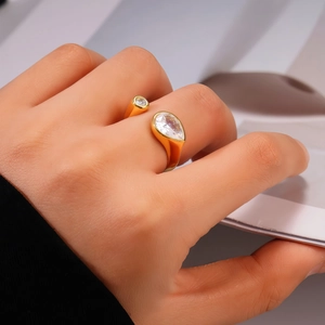 Gold plated open titanium steel ring with teardrop and round zircon stones for women