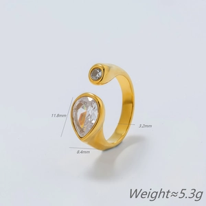 Golden titanium steel open ring featuring a teardrop-shaped diamond and round zircon
